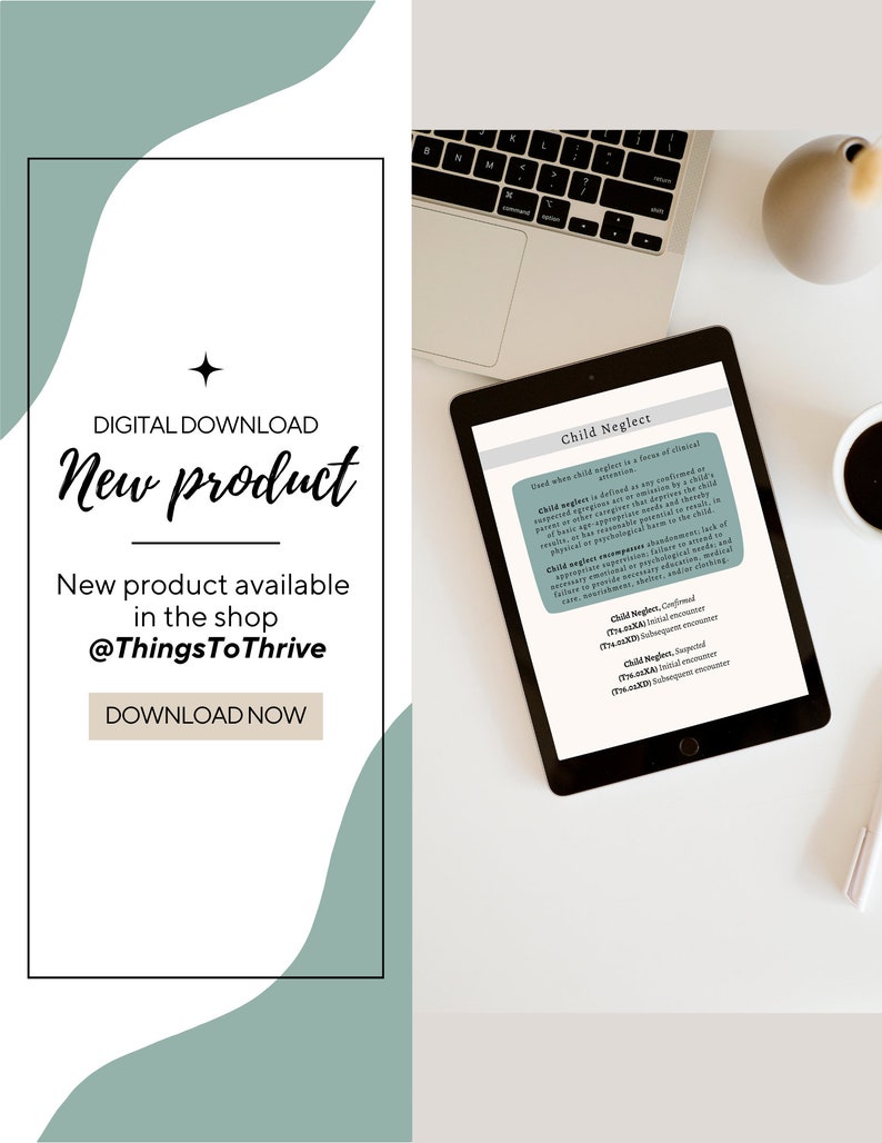 May include: A digital download product on a tablet screen with the title "Child Neglect" and text about the definition of child neglect. The tablet is on a white surface with a laptop and a cup of coffee.