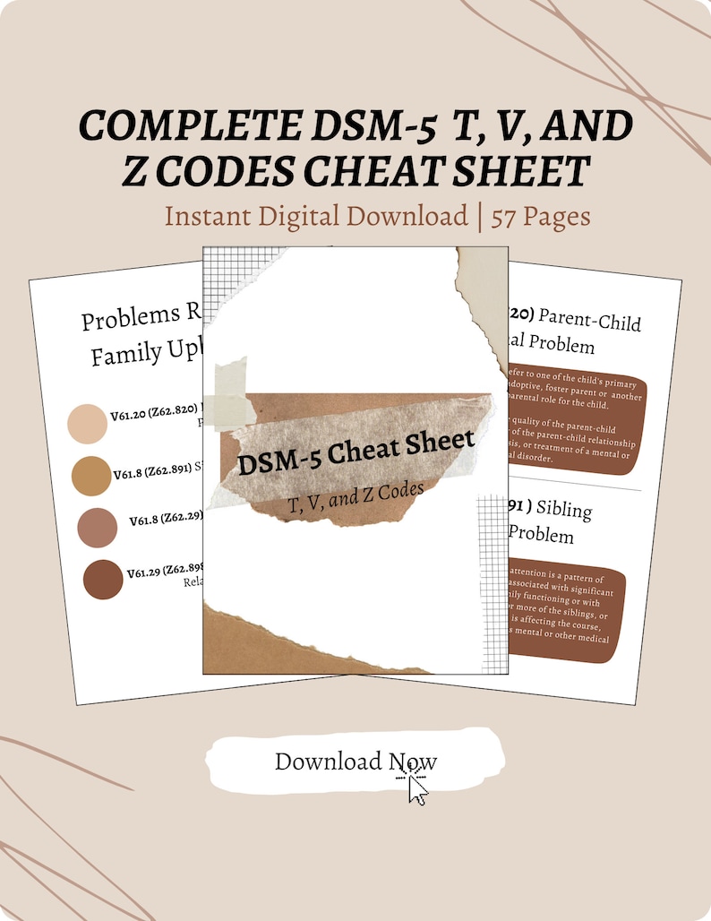 DSM5 T, V, and Z Codes Cheat Sheet Digital Download Printable Etsy UK