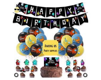 Latex Balloons Among Us Party Supplies Included Happy Birthday Banner Cake Topper Table Cover and Among Us Stickers Among Us Birthday Party Decorations for Kids