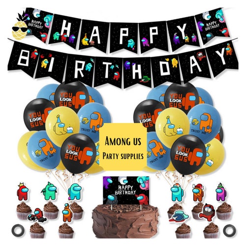 Game Among Us Crewman Birthday Party Supply Set for Kids with Happy Birthday Banner Cake Topper Cupcake Toppers Balloons for Party Decorations 