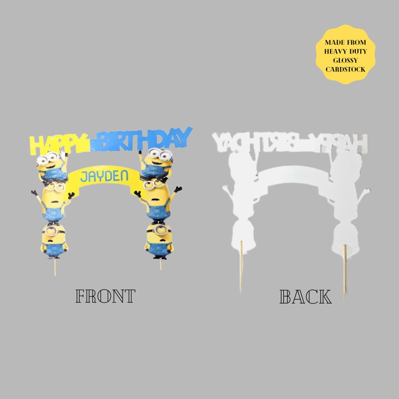 Thick glossy cardstock Gru Minion theme custom name cake topper Bob