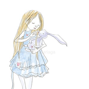 Bambina con il suo coniglietto - cartolina illustrata a mano