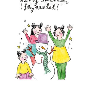 Muñeco de nieve con niños: postal navideña ilustrada a mano