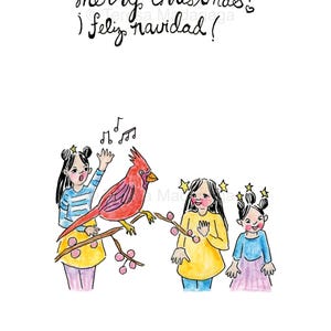 Cardeal com meninas - cartão postal de férias ilustrado à mão