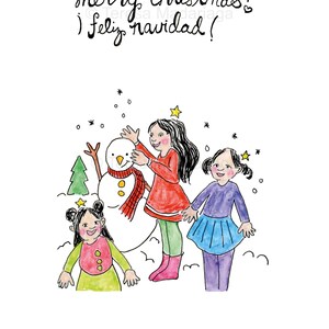 Muñeco de nieve con niñas pequeñas: postal navideña ilustrada a mano