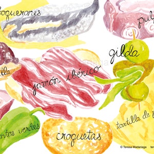 Tapas y Pintxos - postal ilustrada a mano