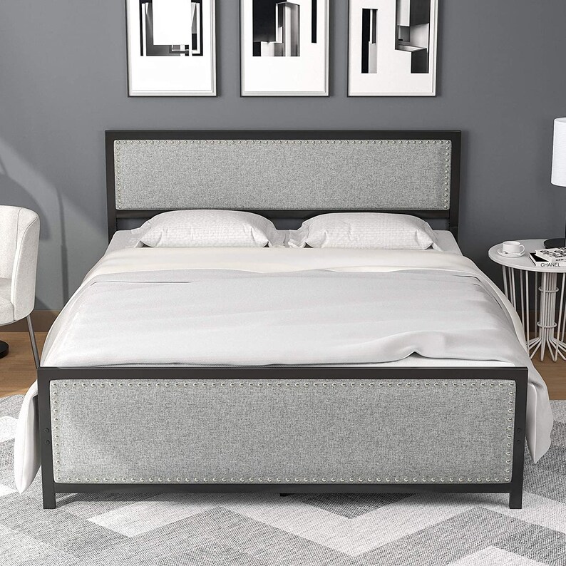 Elegant Metal Platform Bed Grey Upholstered Headboard Etsy