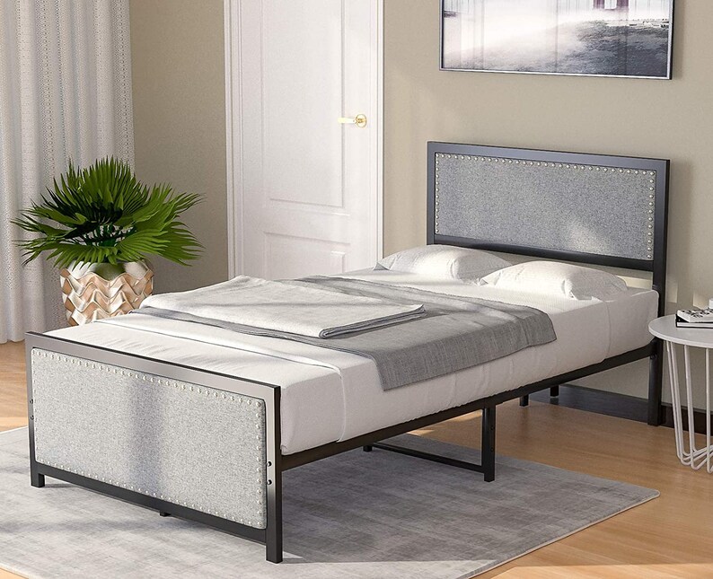 Elegant Metal Platform Bed Grey Upholstered Headboard Etsy