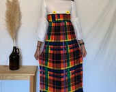 Vintage 60 s 70 s Colorful Rainbow Plaid Ruffle Puff Sleeve Mock Neck Maxi Long Dress XXS 00 White Orange Green Black Blue Purple Yellow