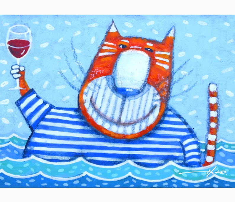 Funny Sea Cat Original Acrylic Painting Cat Wall Art Cartoon by YuryNamestnikoffArt