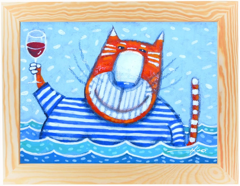 Funny Sea Cat Original Acrylic Painting Cat Wall Art Cartoon by YuryNamestnikoffArt