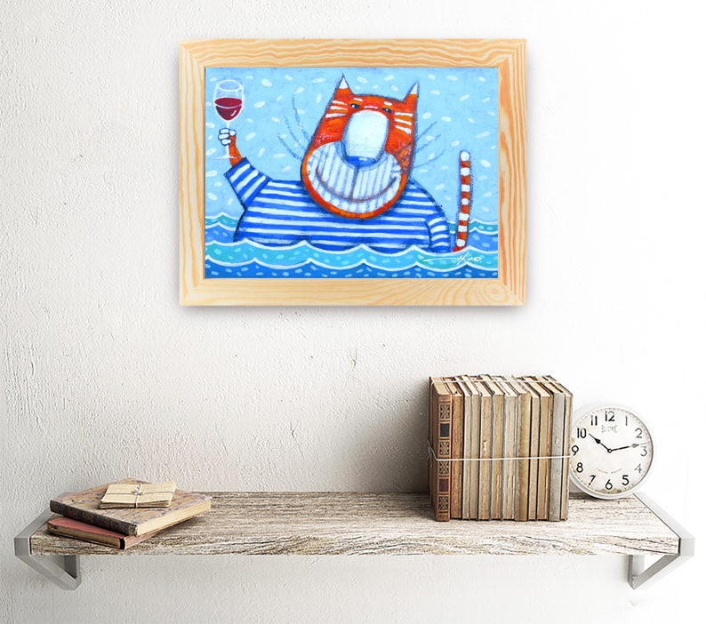 Funny Sea Cat Original Acrylic Painting Cat Wall Art Cartoon by YuryNamestnikoffArt