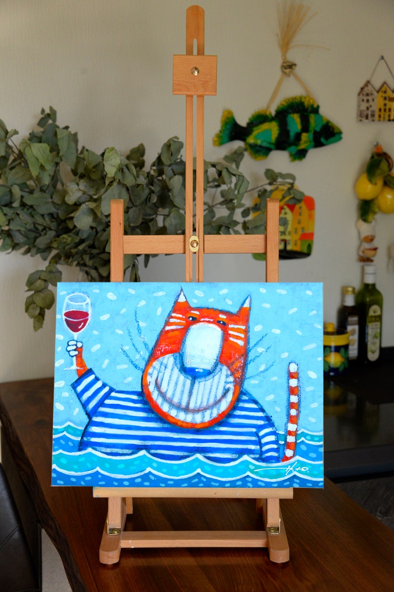Funny Sea Cat Original Acrylic Painting Cat Wall Art Cartoon by YuryNamestnikoffArt