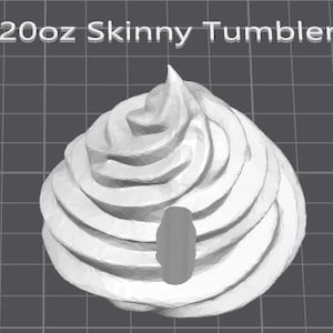 May include: A 20oz skinny tumbler design, featuring a white, layered, whipped cream-like shape with a gray, cylindrical element. The text "20oz Skinny Tumbler" is displayed at the top. The background is a gray grid.