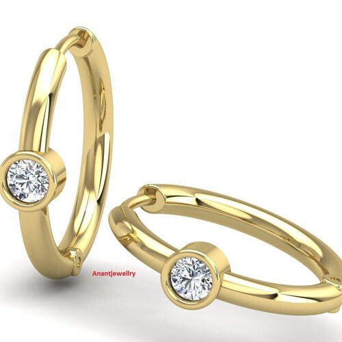 Tiny Hoop Earrings Colorless Round Moissanite Bezel Set shops Earrings 14k Solid Gold Women's Earrings Dainty Huggies For Anniversary Gift
