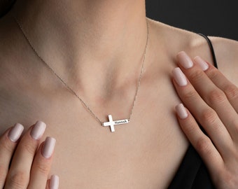 Cross name necklace in sterling silver, Baptism Gift, Personalized Cross Necklace with Name, Christian Gifts for Christening, Gift For Her