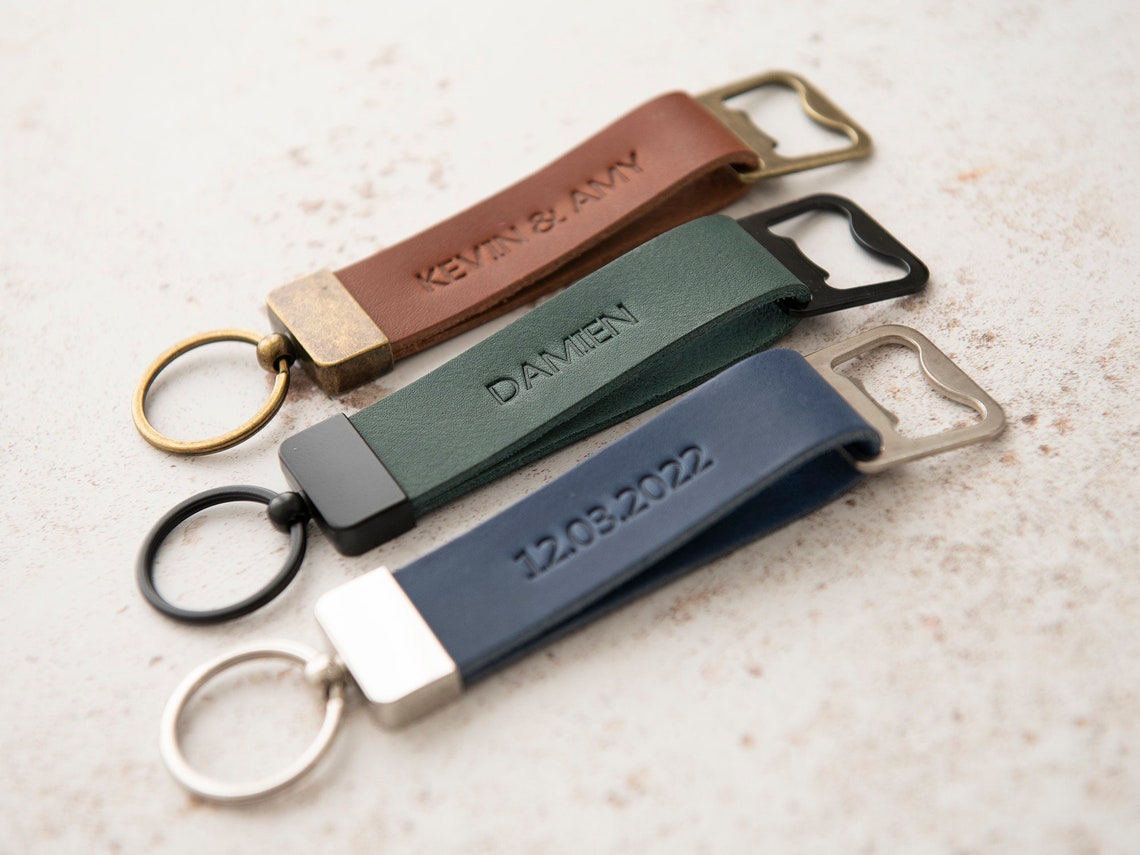 Leather Bottle Opener Keyring Personalised Keychain Beer Key image 1