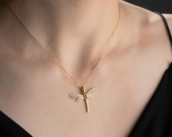 Sterling Silver Dragonfly Necklace With Birthstone, Dragonfly Pendant Necklace, Dragonfly Jewelry, Summer Jewelry