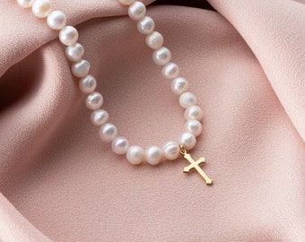 Real Freshwater Pearl Necklace With Sterling Silver Cross Charm