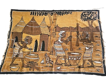 Bogolan fabric style decoration, Bogolan style illustrative of a village, Bogolan African decoration, works on the African farmyard