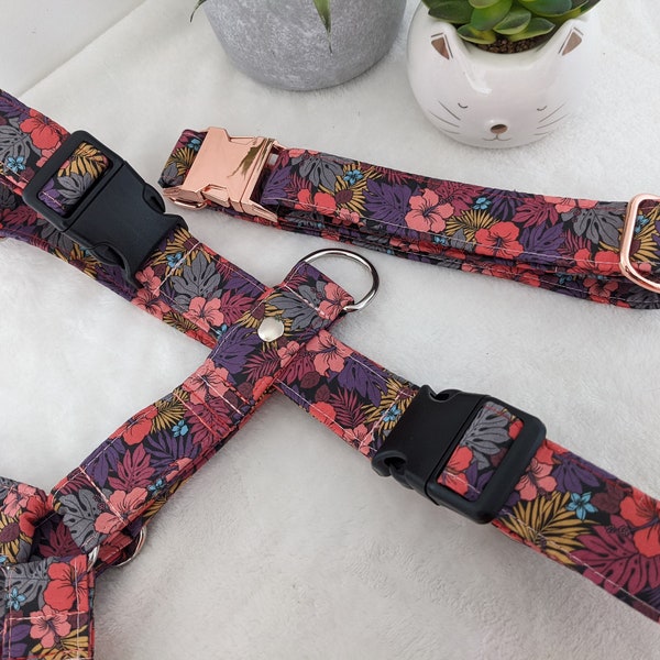 H-harness for small or large dog or collar for dog pink flowers hibiscus cotton BIO adjustable artisanal manufacture France