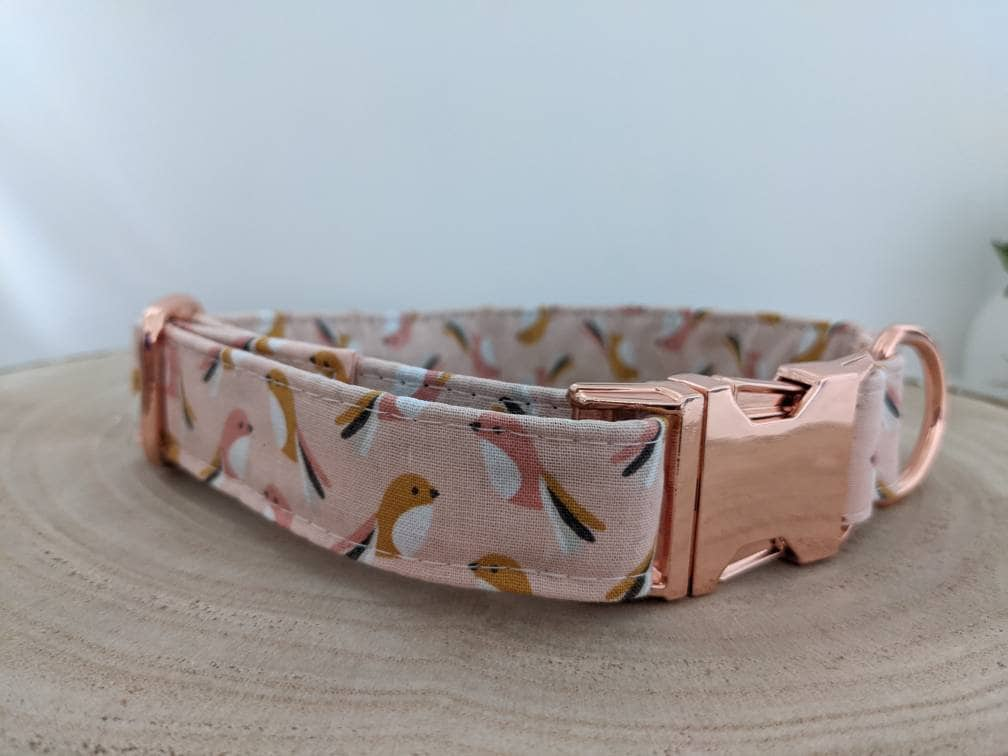 Collier Pour Chien, ou Collier Chat Anti-Étranglement Rose avec Oiseaux, Rossignol, Vintage, Taille 