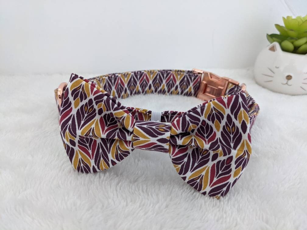 Collier Pour Chien Violet Rose Moutarde avec Noeud Papillon Amovible Fait en France à La Main ou Col