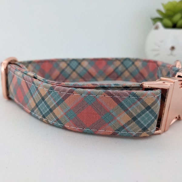 Collier pour chien tartan écossais bleu rose vert en coton BIO avec laisse coordonnée boucle rapide rose or  collier chat anti étranglement