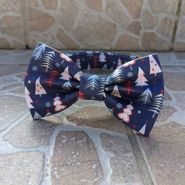 Christmas bow tie for dog and its blue collar with fir, heart, flake, organic cotton handmade in France, ethical, New Year's Eve