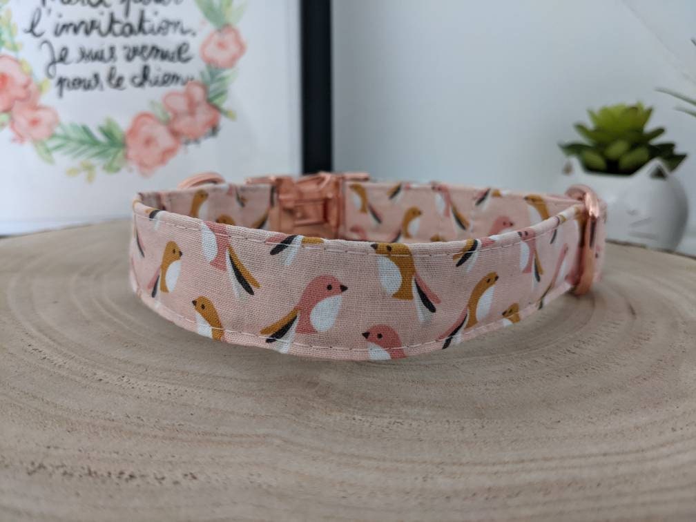 Collier Pour Chien Réglable Original Rose et Oiseaux Vintage avec Boucle Rapide Gold Pink, Collier C