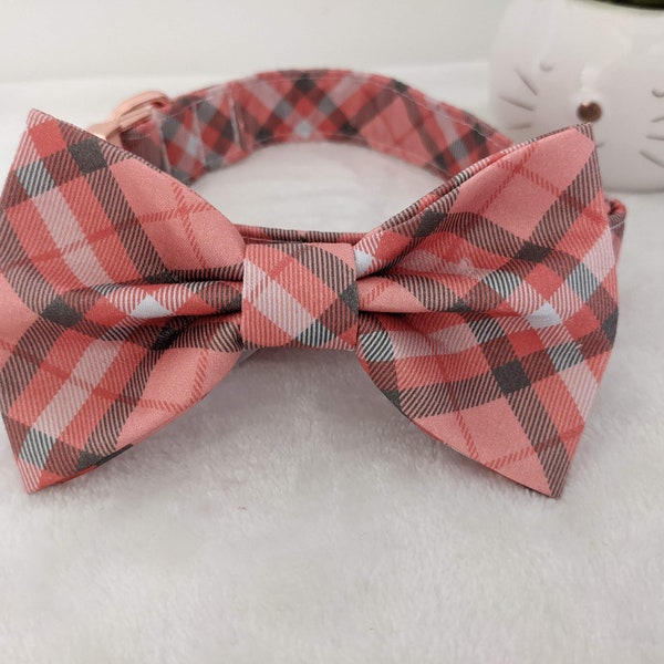 Ensemble collier et laisse pour chien noeud papillon rose tartan écossais, collier pour chat attache rapide anti étranglement, coton BIO