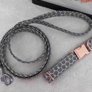 Set collar and leash for dog original slate gray and fast buckle rose gold handmade in France, collar cat anti strangulation