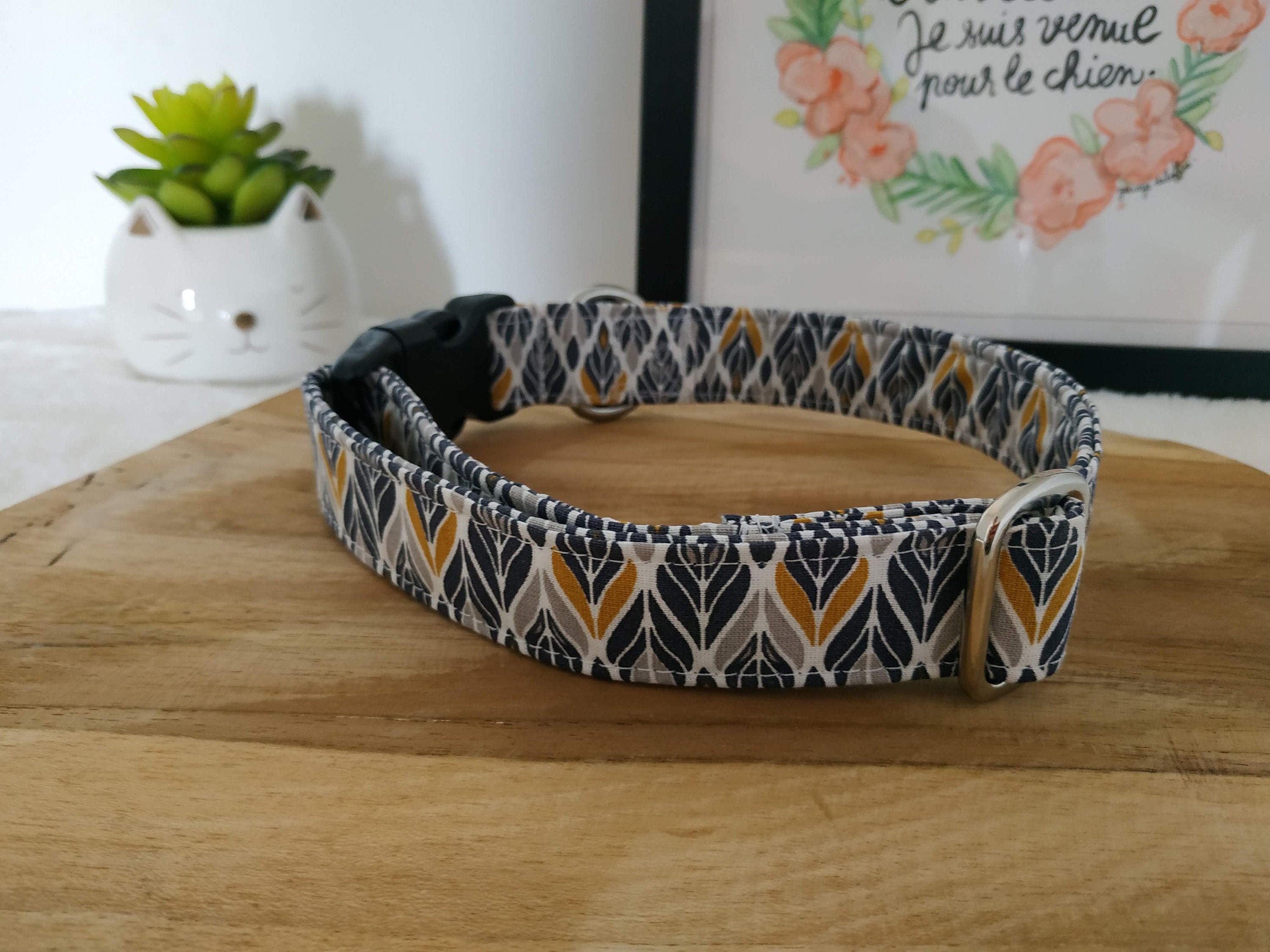 Collier Pour Chien, ou Chat Anti Étranglement Bleu, Gris, Moutarde, Motif Original, Artisanal, en Fr