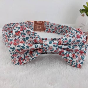 Liberty style dog collar and bow tie with pink flowers handmade in France, solid materials Europe