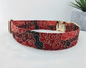 Original red dog collar in Japanese cotton cloud fabric with gold buckle, adjustable size, organic, handmade in France, anti-cat collar