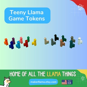 May include: A set of 12 colorful llama game tokens. The tokens are made of wood and are painted in various colors, including red, blue, green, yellow, pink, purple, and brown. The tokens are arranged in a row on a light blue background. The text "Teeny Llama Game Tokens" is displayed at the top of the image. The text "Home of all the llama things" is displayed at the bottom of the image.