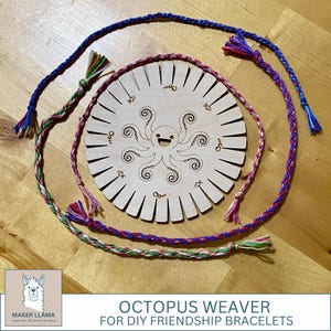 May include: A wooden octopus weaver for DIY friendship bracelets, with a smiling octopus design. Braided friendship bracelets in blue, pink, and green surround the weaver. The text "OCTOPUS WEAVER FOR DIY FRIENDSHIP BRACELETS" is at the bottom.