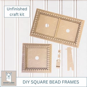 May include: Unfinished wood craft kit for making square bead frames. The kit includes two frames, one with two openings and one with a single opening, plus a stand.