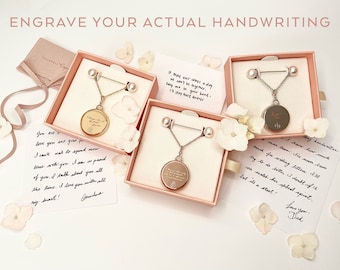 Bridal Wedding Bouquet Handwritten Locket - Gold, Rose Gold, Silver - Your Actual Handwriting Custom Personalized Engraving