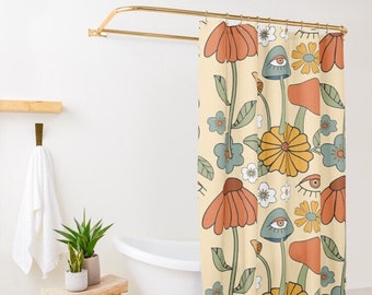 Mushroom Shower Curtain, Extra Long Shower Curtain, Up to 90 Inches Long, Shower Curtain Boho, Retro Shower Curtain, Boho Shower curtain