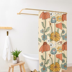 Mushroom Shower Curtain, Extra Long Shower Curtain, Up to 90 Inches Long, Shower Curtain Boho, Retro Shower Curtain, Boho Shower curtain