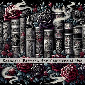 Leesgrage naadloze patroon boekenliefhebber sublimatie ontwerp gotische draak Booktok PNG stof patroon commerciële licentie PNG boeken draken digitaal