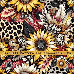 May include: A seamless pattern featuring vibrant yellow sunflowers, black and white feathers, and a tan leopard print background. The design includes red and pink foliage accents and the text Seamless Pattern for Commercial Use.