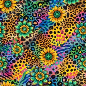 May include: A seamless pattern featuring a vibrant mix of yellow sunflowers and teal flowers layered over a colorful background of black leopard spots, neon pink, and blue zebra stripes. The text SEAMLESS PATTERN and COMMERCIAL USE INCLUDED appears.