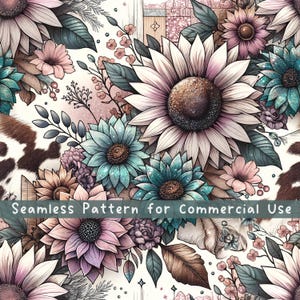 Kuhfell-Sonnenblumen-nahtlose Musterblume Nahtloser Muster-Stoff PNG-Wiederholungsmuster Kommerzielle Lizenz Boho Kuh-Druck-Stoffdesign
