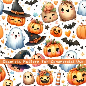 Cute Kawaii Halloween Seamless Pattern Pumpkin Seamless Fabric Ghost Pattern Spooky Season Commercial License Watercolor Halloween PNG
