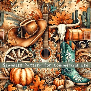 May include: A seamless pattern featuring a brown cowboy hat, an acoustic guitar, a steer skull, a wagon wheel, a teal cowboy boot, and orange pumpkins. The design includes autumn leaves, cacti, and the text Seamless Pattern for Commercial Use.