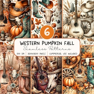 May include: A digital collection of six seamless patterns featuring Western-themed illustrations including acoustic guitars, cowboy hats, turquoise boots, steer skulls, pumpkins, and autumn leaves. The text reads: 6 WESTERN PUMPKIN FALL Seamless Patterns 300 DPI 3600x3600 PIXELS COMMERCIAL USE INCLUDED.