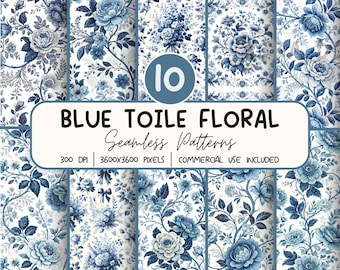 Blue Toile Floral Seamless Pattern Bundle, Rose Flower Digital Paper PNG,  Sublimation Design, Repeat Pattern Digital Download