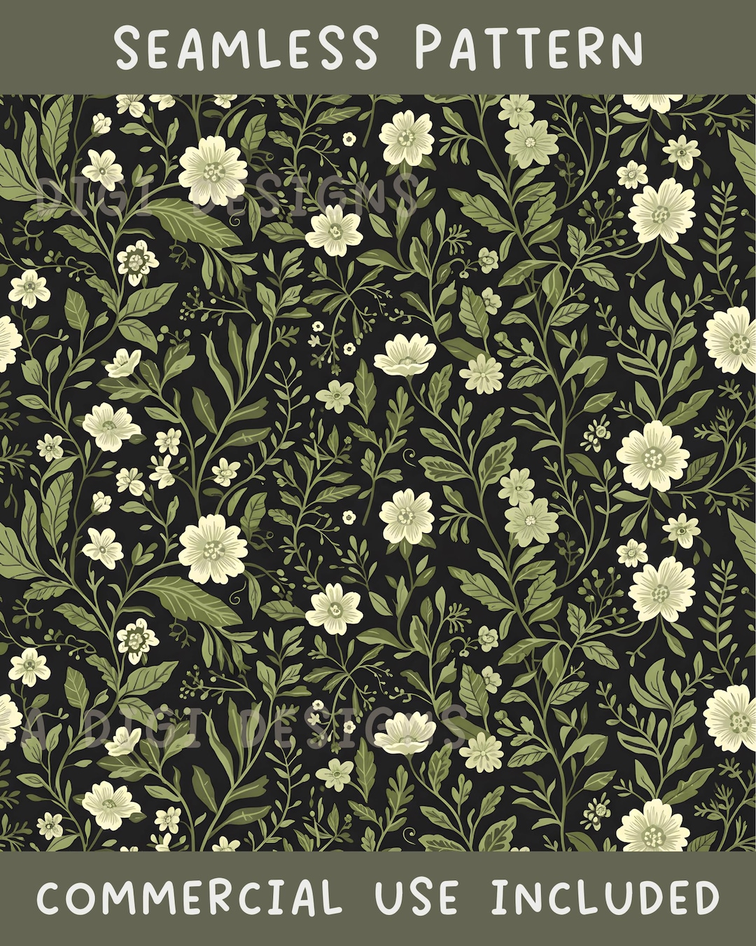 Botanical Green Floral Seamless Pattern Repeat Fabric Pattern Digital ...